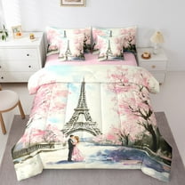 Erosebridal Romantic Couple Bedding Twin Size, Eiffel Tower Bed in a Bag Twin size, Oil Printing Decor, Reversible 7-Piece
