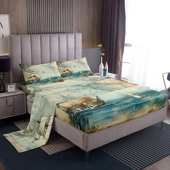 Erosebridal Compass Boat Sheet Set Twin,Mautical Map Bedding Sets Twin Size,Lightweight Bed Sheets Twin,Ocean Theme Decor,3pcs