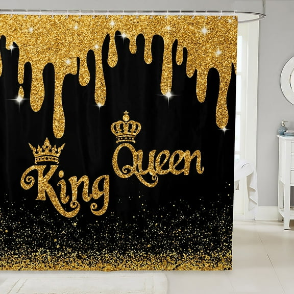 Erosebridal Romantic Crown Shower Curtain 72x72, Sequin Print Bath Curtain, Black Gold, Waterproof