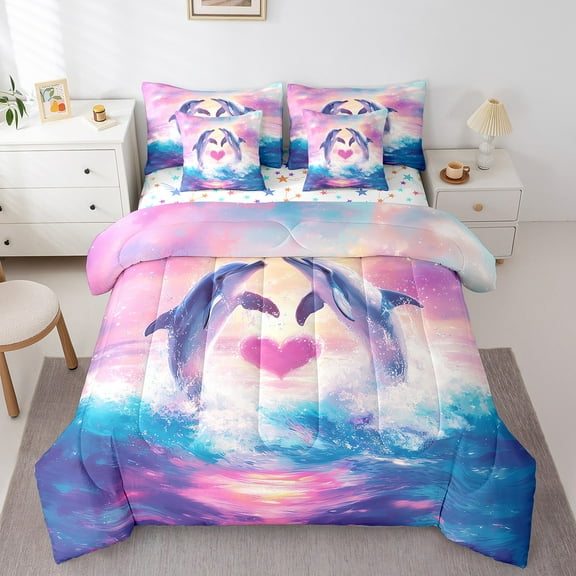 Erosebridal Romantic Dolphin Bedding Sets Full Size, Ocean Wave Bedding Full Size, Valentines Day Reversible Comforter Sets with Sheets, Lightweight Room Decor, 7 Pieces