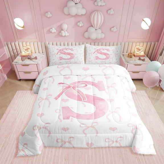 Erosebridal Pink Bow Bedding Sets Twin with Comforter, Initial Letter S Duvet Insert, Princess Bowknot Decor, Reversible 2pcs