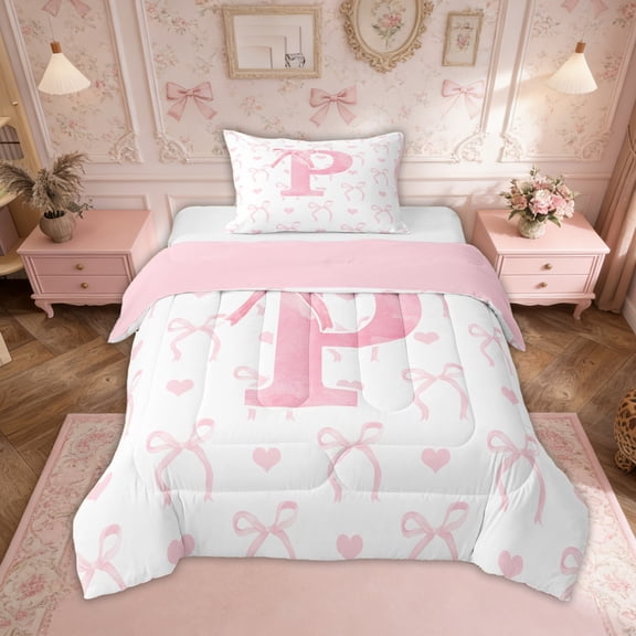Erosebridal Pink Bow Tie Bedding Sets Twin with Comforter, Initial P Letter Duvet Insert, Cute Catoon Decor, Reversible