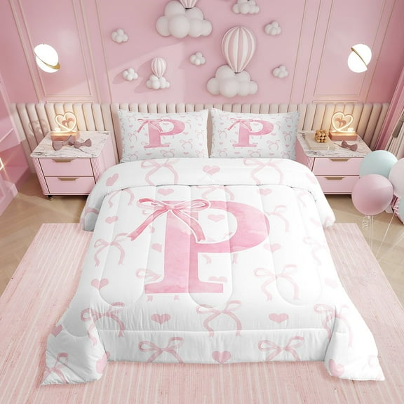 Erosebridal Pink Bow Tie Bedding Sets Twin with Comforter, Initial P Letter Duvet Insert, Cute Catoon Decor, Reversible