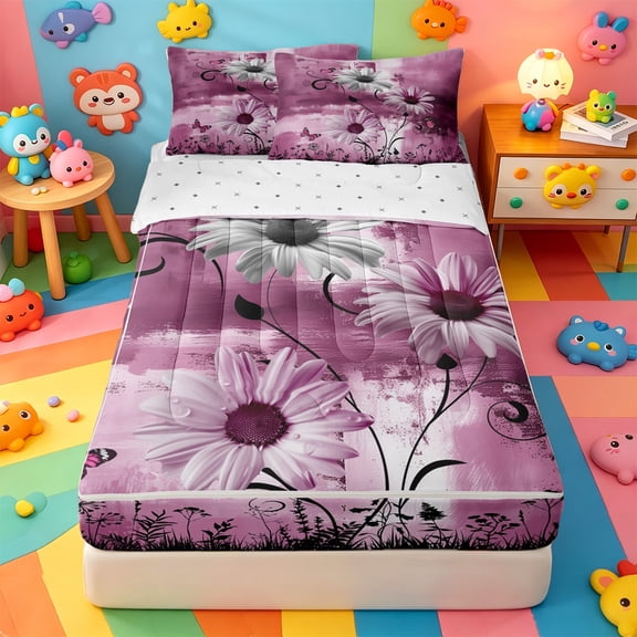 Erosebridal Romantic Floral Daisy Zipper Twin Comforter Sets with Fitted Sheet and 2 Pillowcases,Rustic Butterfly Zipper Bedding Set For Adults,Reversible,4-Piece