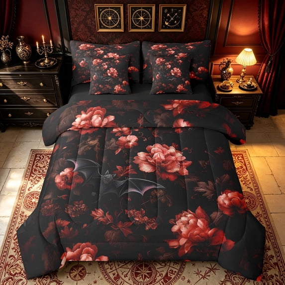 Erosebridal Romantic Floral Twin Bedding, Halloween Gothic Bat Bedding Comforter Set, Black Maroon, Black Reversible, 7-Piece