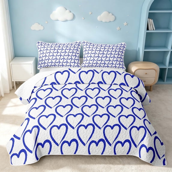 Erosebridal Romantic Hearts Quilt King, Valentine's Day Theme King Coverlet Set, Reversible, Royal Blue, 3pcs (1 Bedspread and 2 Pillowcases)