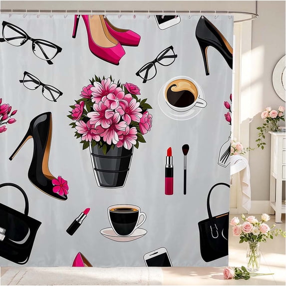 Erosebridal Romantic High Heels Shower Curtain 72Wx72L,Chic Roses Flowers Bathroom Curtain,Gray Black