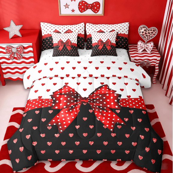Erosebridal Romantic Loves Pattern 7-Piece Twin Bedding Sets,Polka Dot Bowknot Bedding Comforter Set For Kids Girls,Reversible