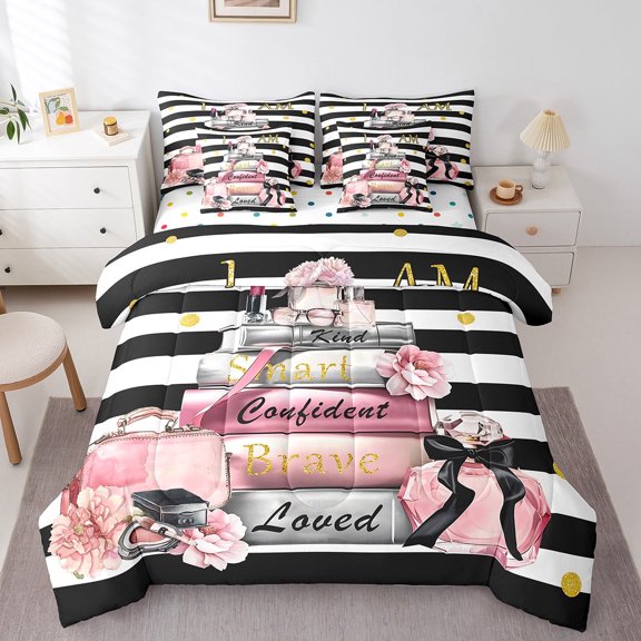 Erosebridal Romantic Makeup Bedding King Size,Floral Flower Bed Set,Black White Geometric Stripes Bedding Sets King Size,Breathable Room Decorative Reversible,7pcs
