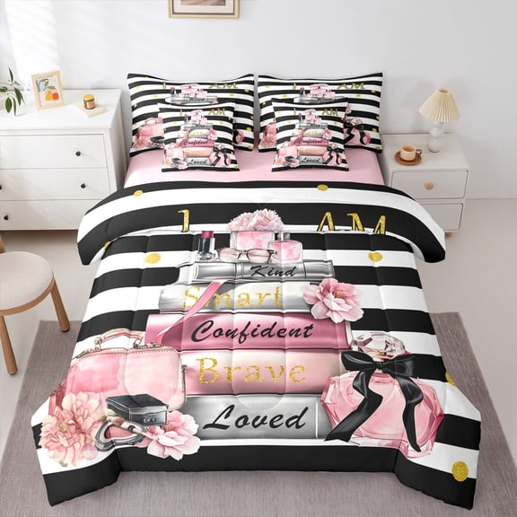 Erosebridal Romantic Makeup Bedding Twin Size,Floral Flower Bed Set,Black White Geometric Stripes Bedding Sets Twin Size,Breathable Room Decorative Reversible,7pcs