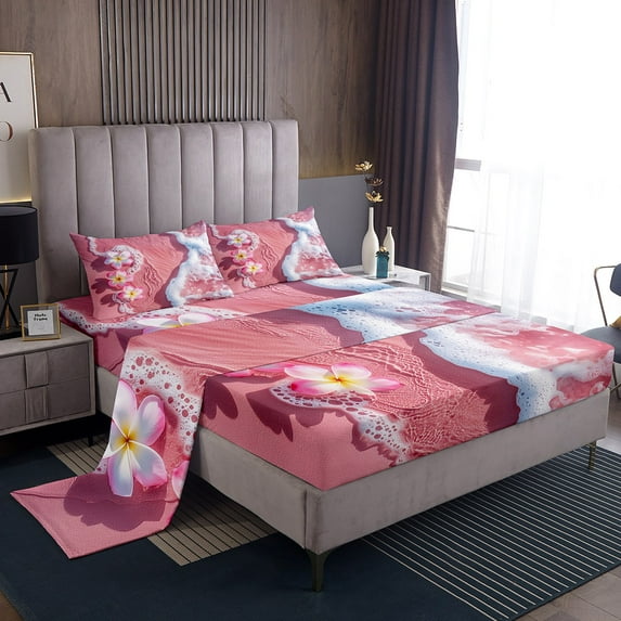 Erosebridal Romantic Marine Bed Sheets Set Queen Size, Coastal Beach Bed Sheets Queen, Pink Flower Reversible Sheet Set Queen, Lightweight Bedroom Decor, 4pcs