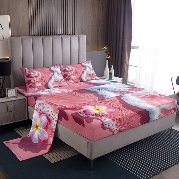 Erosebridal Romantic Marine Sheet Set Twin, Coastal Beach Bedding Sets Twin Size, Pink Flower Reversible Twin Sheet Sets, Lightweight Bedroom Decor, 3pcs