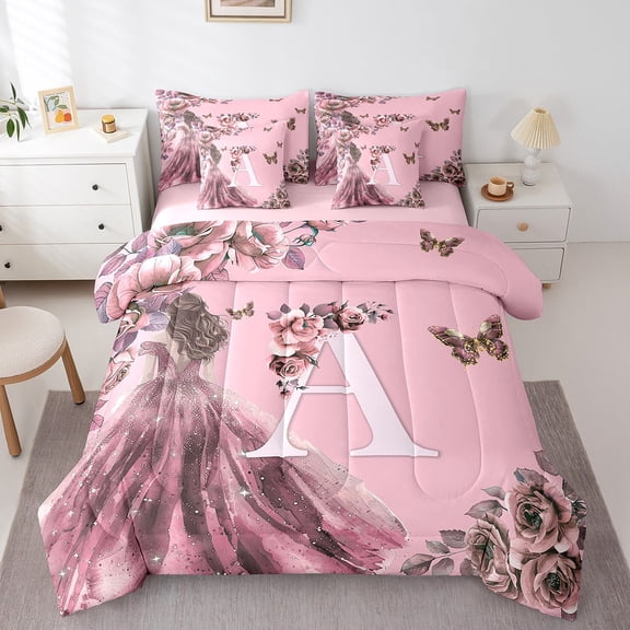 Erosebridal Romantic Monogrammed A Bedding Full Size, Dreamy Princess Bedding Sets Full Size, Pink Rose Reversible Bed Set, Breathable Room Decor, 7pcs