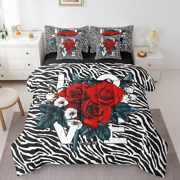 Erosebridal Romantic Red Rose Bedding Twin Size,Zebra Print Bed Set,Green Botanical Leaves Bedding Sets Twin Size,Breathable Room Decor Reversible,7pcs