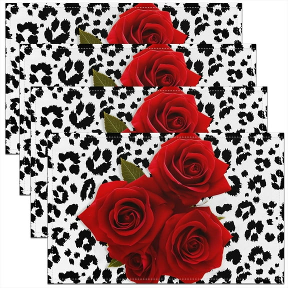 Erosebridal Romantic Red Rose Place Mats Set of 4 for in Door Dinning, Cheetah Leopard Print Table Place Mats for in Door Dining, Couple Lovers