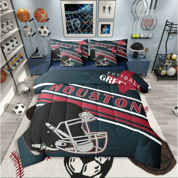 Erosebridal Football Print Bed in a Bag Full size,Sport Gamer Bed Set,Rugby Decoration(Houston),Reversible,Lightweight,7-Piece