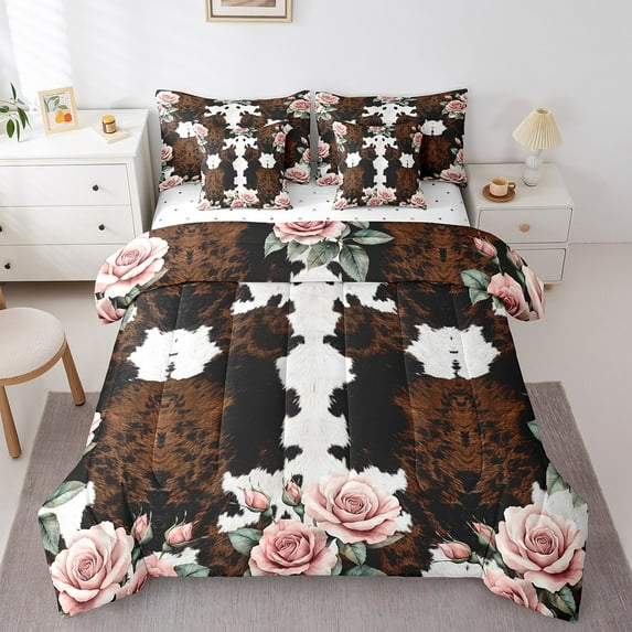 Erosebridal Romantic Rose Bedding Twin Size, Cow Print Bedding Sets Twin Size, Rustic Wildlife Decor, 7pcs