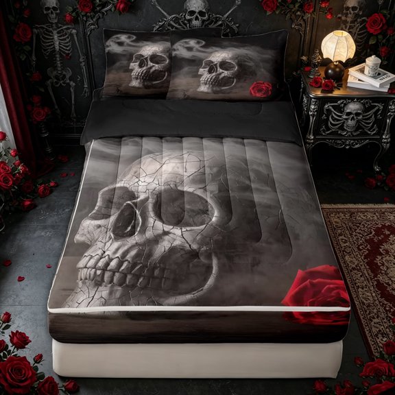 Erosebridal Romantic Rose Skull Zipper Twin Comforter Sets with Fitted Sheet and 2 Pillowcases for Women Men, Gray Red Gothic Horror Zipper Bedding Set, Black Reversible, 4-Piece