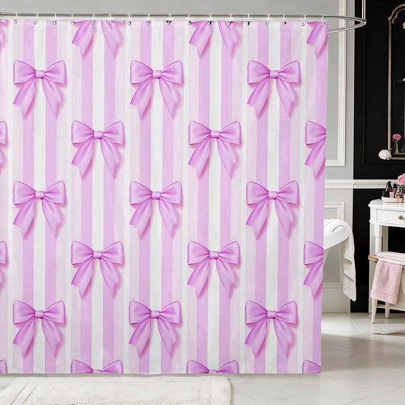 Erosebridal Romantic Satin Bow Ribbon Shower Curtain 72Wx84L for Girls, Charming Floral Print Waterproof Bathroom Shower Curtain