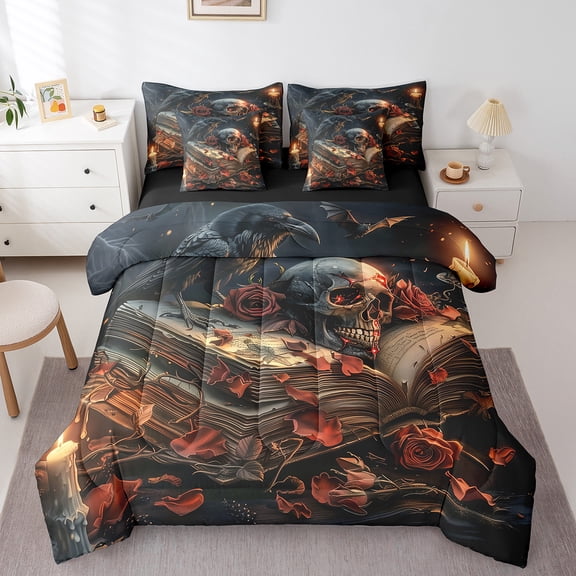 Erosebridal Romantic Skull Bed in a Bag Twin size, Vintage Western Books Bedding Sets Twin Size, Rose Flower Reversible Comforter Sets with Sheets, Breathable Bedroom Decorative, 7pcs