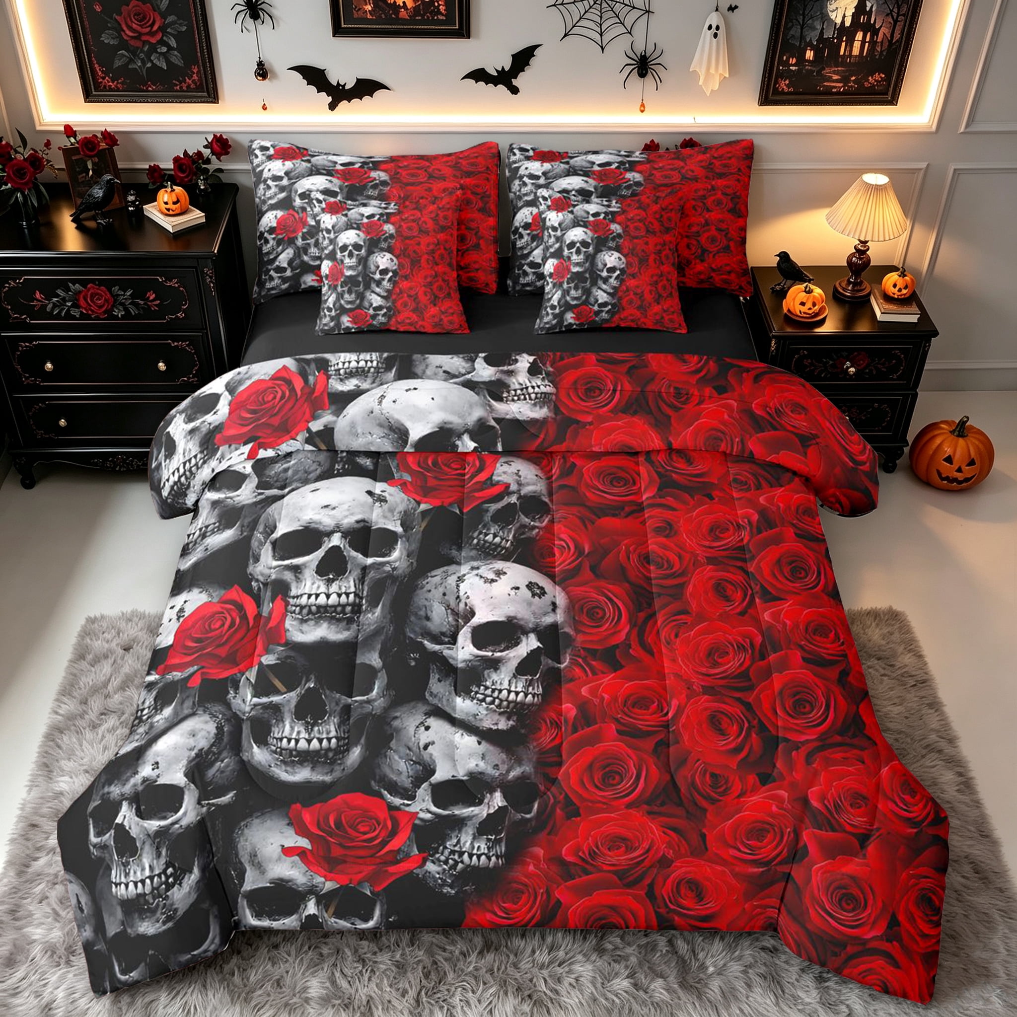 Erosebridal Romantic Skull Queen Bedding, Gothic Floral Bedding ...