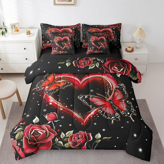 Erosebridal Romantic Valentines Bed in a Bag Full size 7 Pieces, Anniversary Gifts Bed Set, Black Red