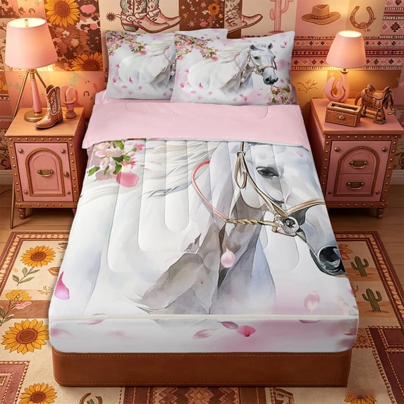 Erosebridal Romantic Watercolor Zipper Full Size Comforter Sets with Fitted Sheet and 2 Pillowcases,White Horse Pattern Zipper Bedding Set,Pink White Green,Pink Reversible