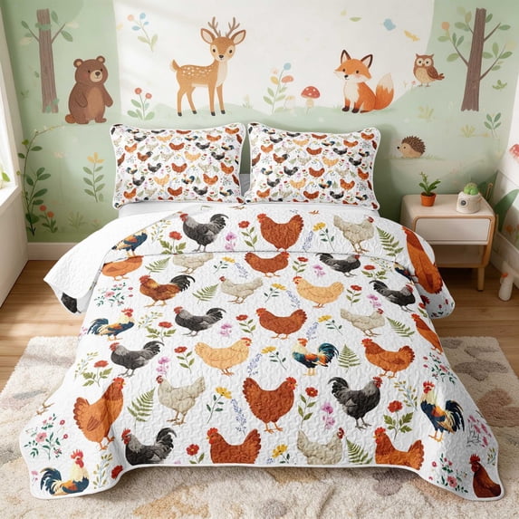 Erosebridal Rooster Bed Spread Queen for Girls, Wildflower Field Queen Coverlet Set, 3-Piece 1 Quilt and 2 Pillowcases