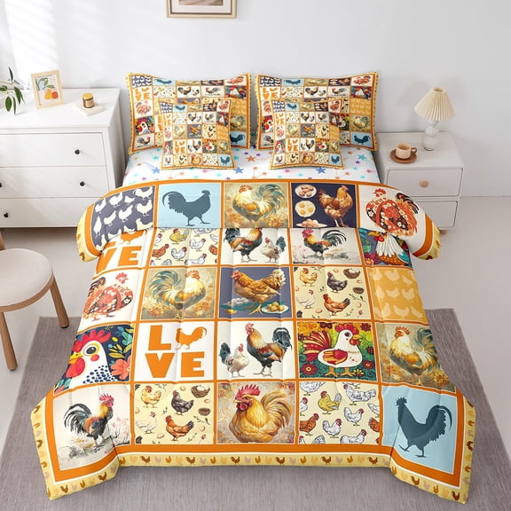 Erosebridal Rooster Chicken Bedding Full Size, Farm Animal Buffalo Bed Sheets Setp with Comforter, Orange, Super Cozy 7 Pieces