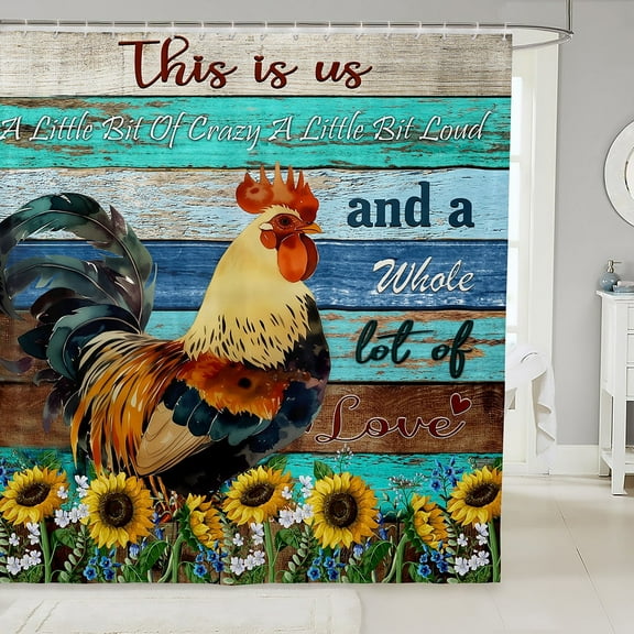 Erosebridal Rooster Print Shower Curtain 72x72, Botanical Sunflower Floral Bath Curtain, Teal Rustic Stripe Home Decoration, Waterproof