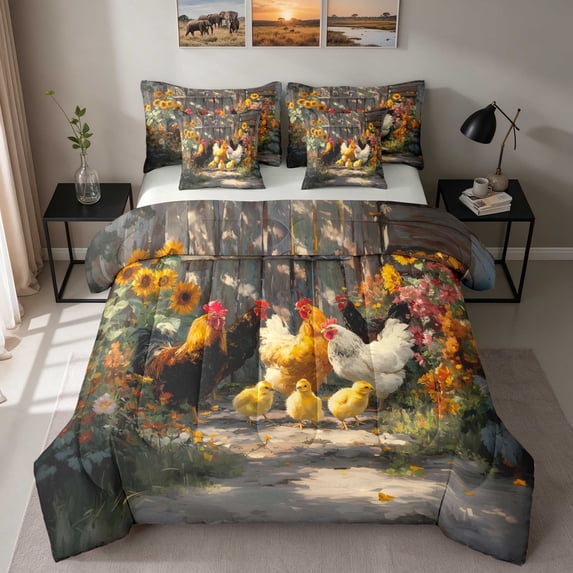 Erosebridal Rooster Queen Bedding, Sunflowers Bedding Comforter Set Queen, Gray Reversible 7pcs