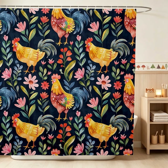 Erosebridal Rooster Shower Curtain 72Wx78L for Girls, Dark Wildflowers Waterproof Bath Curtain