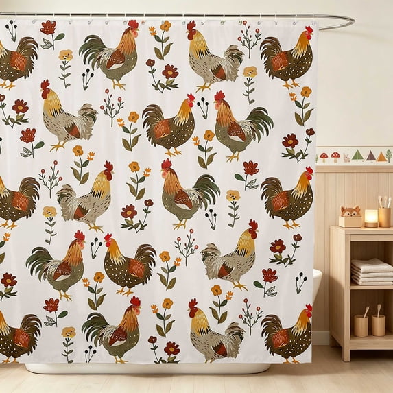 Erosebridal Rooster Shower Curtain 72Wx78L for Girls, Wildflower Garden Waterproof Bath Curtain