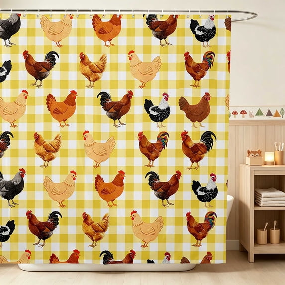 Erosebridal Rooster Shower Curtain 72Wx84L for Boys Girls, Yellow Gingham Waterproof Bathroom Shower Curtain