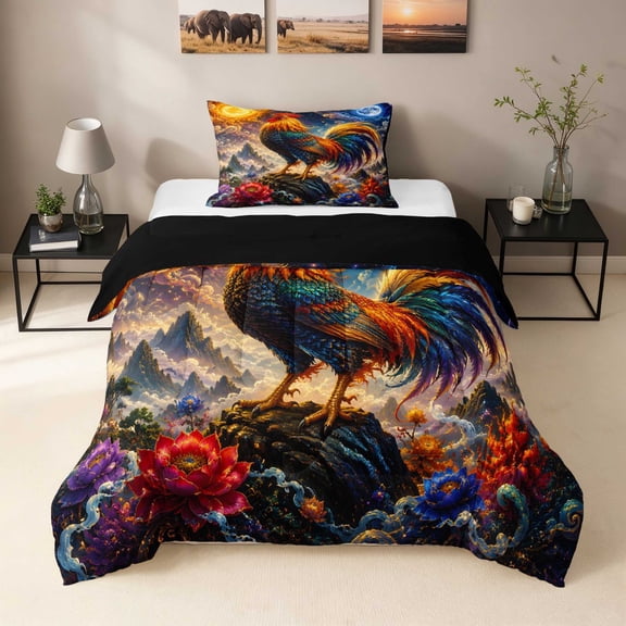 Erosebridal Rooster Twin Comforter Sets, Celestial Moon Bedding Set, Black Reversible 2pcs 1 Comforter and 1 Pillowcase
