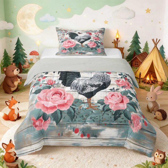 Erosebridal Rooster Twin Comforter Sets for Girls, Teal Roses Bedding Set, Gray Reversible 2pcs 1 Comforter and 1 Pillowcase