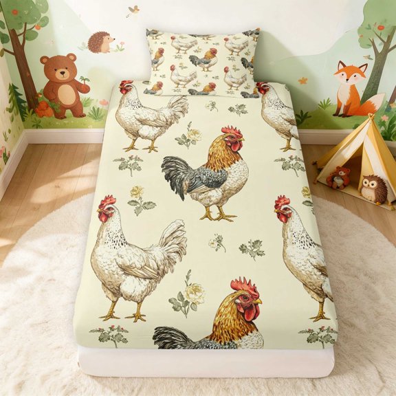 Erosebridal Rooster Twin Fitted Sheet for Boys Girls, Vintage Herbs Bedding, 2 Pieces 1 Fitted Sheet and 1 Pillowcase