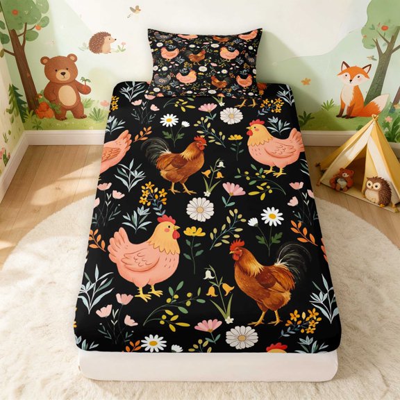 Erosebridal Rooster Twin Fitted Sheet for Girls, Black Wildflowers Bedding, 2 Pieces 1 Fitted Sheet and 1 Pillowcase