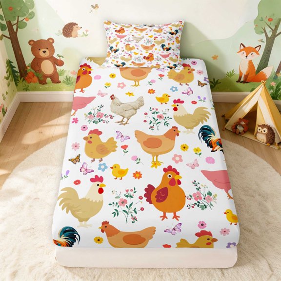 Erosebridal Rooster Twin Fitted Sheet for Girls, Butterfly Garden Bedding, 2-Piece 1 Fitted Sheet and 1 Pillowcase