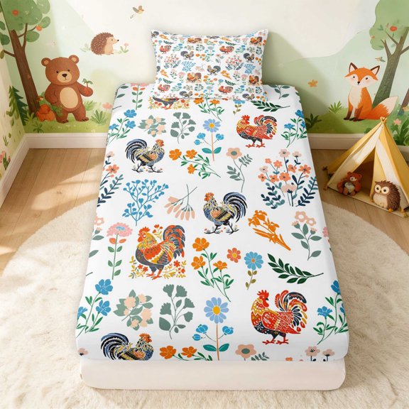 Erosebridal Rooster Twin Fitted Sheet for Girls, Folk Flowers Bedding, 2-Piece 1 Fitted Sheet and 1 Pillowcase