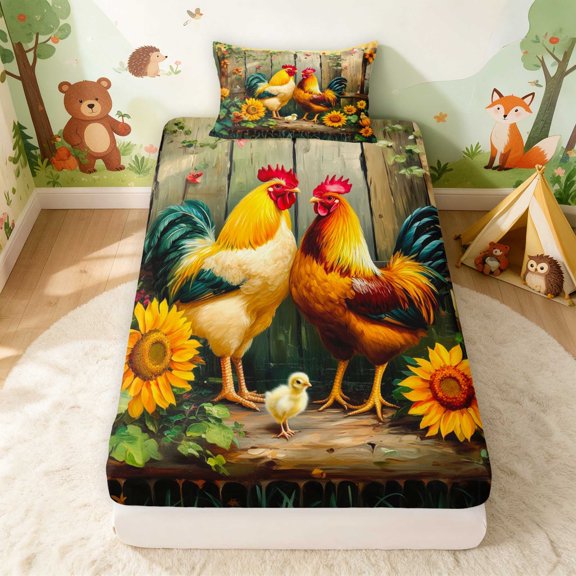 Erosebridal Rooster Twin Fitted Sheet for Girls, Sunflower Fence Bedding, 2pcs 1 Fitted Sheet and 1 Pillowcase