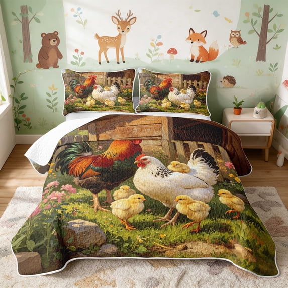 Erosebridal Rooster Twin Quilt Set for Boys Girls, Farmhouse Garden Twin Coverlet Set, 2pcs 1 Bedspread and 1 Pillowcase