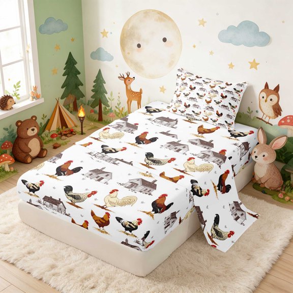 Erosebridal Rooster Twin Sheets for Boys Girls, Farm Barn Bedding, 3pcs 1 Flat Sheet 1 Fitted Sheet and 1 Pillowcase