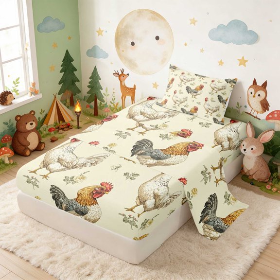 Erosebridal Rooster Twin Sheets for Boys Girls, Vintage Herbs Bedding, 3 Pieces 1 Flat Sheet 1 Fitted Sheet and 1 Pillowcase
