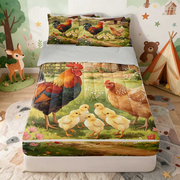 Erosebridal Rooster Zipper Twin Comforter Sets with Fitted Sheet and 2 Pillowcases for Girls, Spring Chicks Zipper Bedding Set, Gray Reversible
