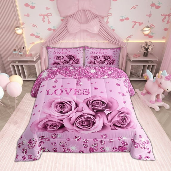 Erosebridal Rose Floral Bedding Set Queen Size Romantic Rose Pink Comforter Sets Cute Glitter Sequins Diamond Comforter Valentine'S Day Wedding Quilt Gifts For Women Couple,2 Pillow Cases