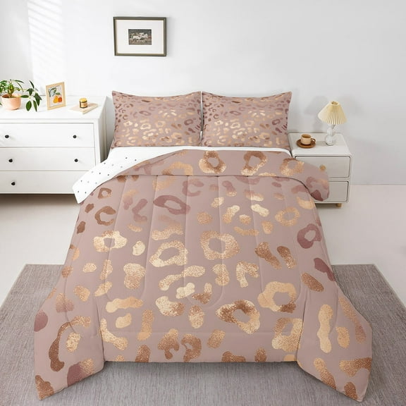 Erosebridal Rose Gold Leopard Print Bedding Queen Comforter Set, Cheetah Animal Printed Down Comforter, Reversible 3 Pieces