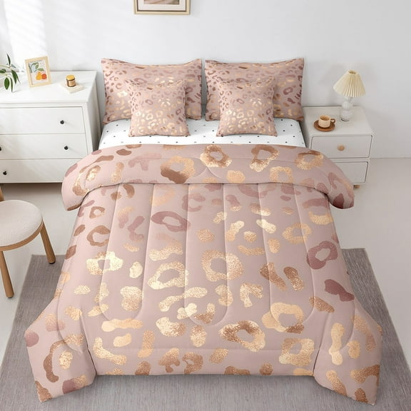 Erosebridal Rose Gold Leopard Print Bedding Sets Twin Size, Cheetah Animal Printed Comforter Sets with Sheets, Breathable 7-Piece