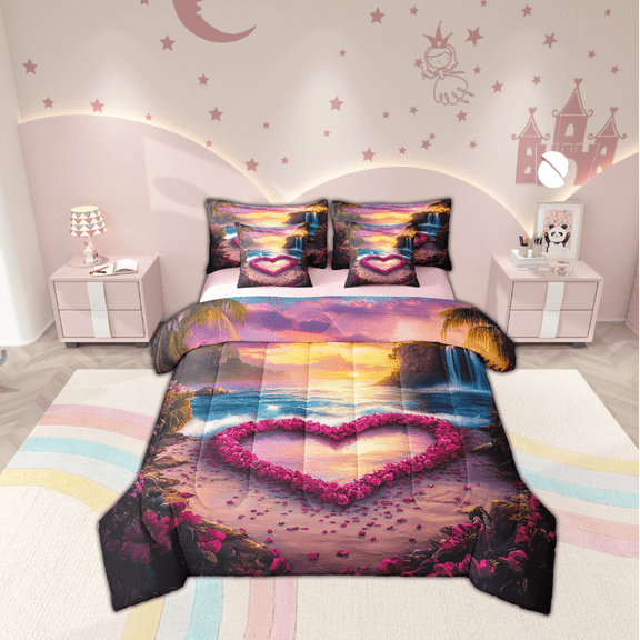 Erosebridal Rose Heart Bed in a Bag Twin size, Ocean Beach Bed Set, Romantic Anniversary Reversible Bedding Twin Size, Lightweight Bedroom Decoration, 7pcs