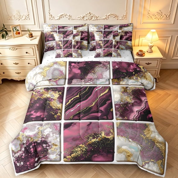 Lightning Crack Pattern Erosebridal Rose Pink Marble 7-Piece Twin Bedding,Luxurious Fluid ...